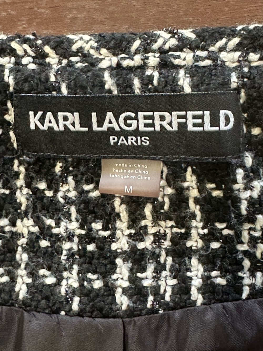 Karl Lagerfeld Paris Black & White Tweed Collarless Coat Jacket - Picture 4 of 4